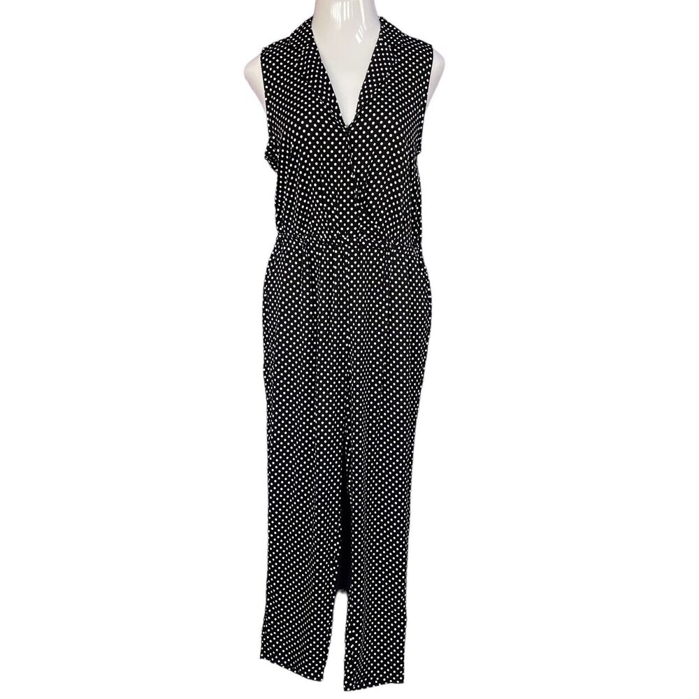 Popsugar Large Jumpsuit Polka Dot Sleeveless V-Neck Pocket Collar Elastic Waist